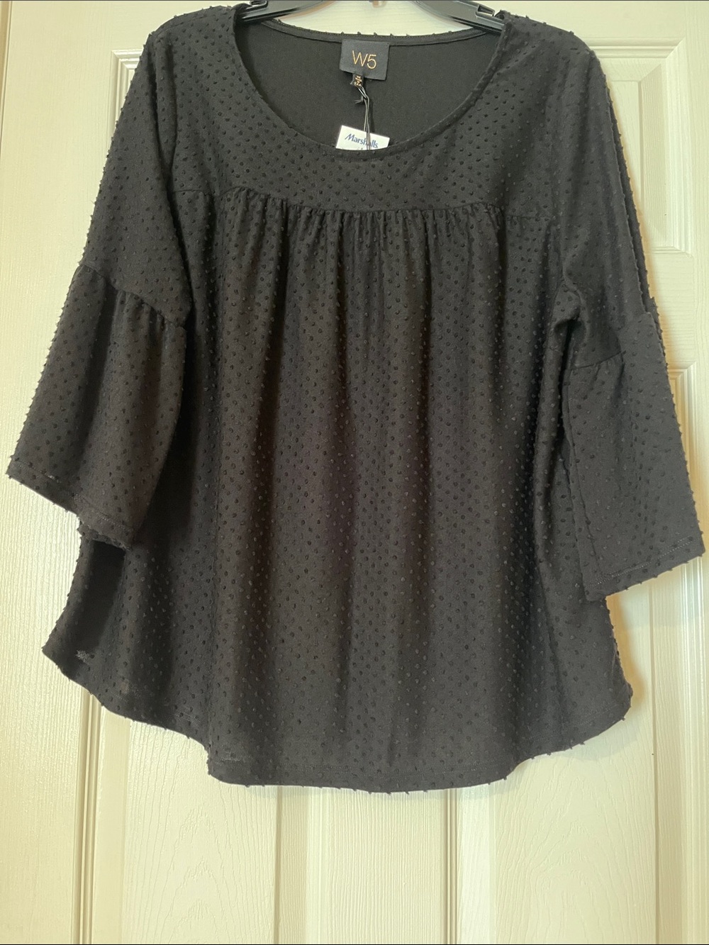 W5 Black Textured Swiss Dot Peasant Blouse